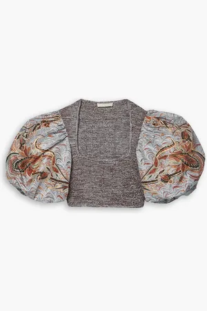 ULLA JOHNSON Iva cropped printed taffeta and ribbed-knit top - Gray - US 10