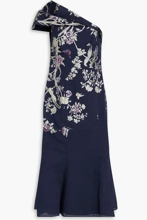 Marchesa Notte One-shoulder metallic cloqué-jacquard midi dress - Blue - US 16