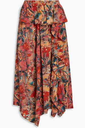ULLA JOHNSON Ursa ruffled floral-print silk crepe de chine midi skirt - Orange - US 2