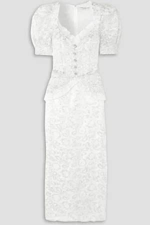 Alessandra Rich Crystal-embellished ruffled silk organza-trimmed metallic lace peplum dress - - IT 36