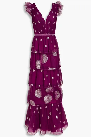 Marchesa Notte Tiered embellished tulle gown - Purple - US 6