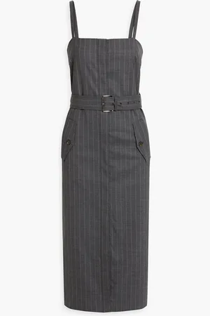 Brunello Cucinelli Belted pinstriped wool-blend midi dress - Gray - M