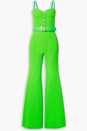 Sergio Hudson Belted nubuck-trimmed neon wool-crepe jumpsuit - Green - US 2