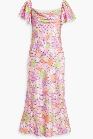 OLIVIA RUBIN Button-embellished printed satin midi dress - - UK 8