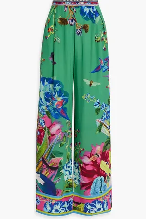Camilla Crystal-embellished printed silk crepe de chine wide-leg pants - Green - XXL