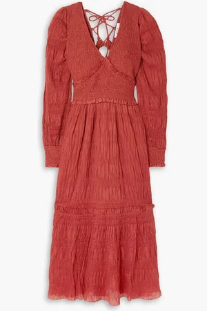 SEA Pasha pleated smocked crepe midi dress - Red - XXS
