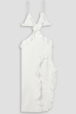 DAVID KOMA Cutout ruffled satin-trimmed crepe midi dress - White - UK 8