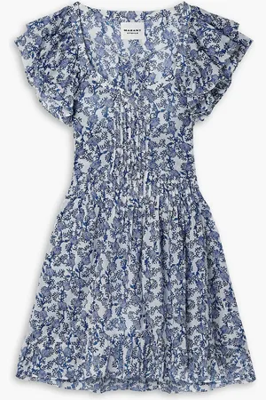 Marant Etoile Godrana ruffled pintucked floral-print cotton-voile mini dress - Blue - FR 40