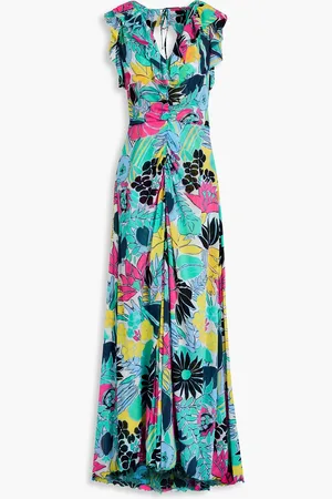 Diane von Furstenberg Sean ruffled floral-print stretch-mesh maxi dress - Blue - XL