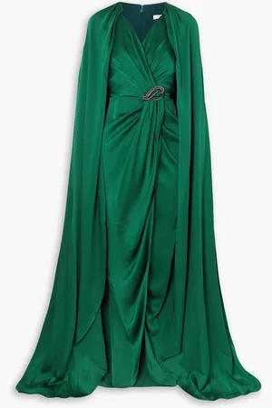 Safiyaa Irene cape-effect crystal-embellished satin gown - Green - FR 36