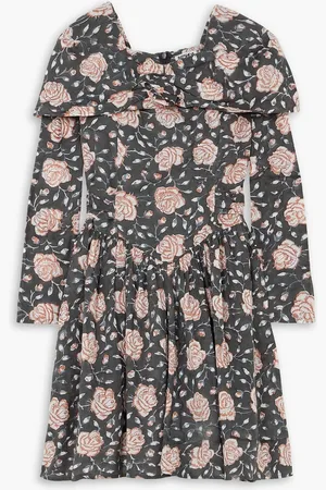 BATSHEVA Salt appliquéd floral-print cotton-poplin mini dress - Gray - US 12