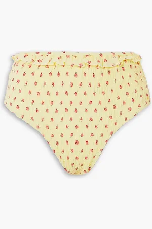 FAITHFULL THE BRAND Cassis shirred floral-print seersucker high-rise bikini briefs - Yellow - XS