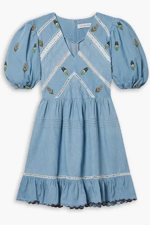 LUG VON SIGA Emma ruffled embroidered cotton-chambray mini dress - Blue - FR 42