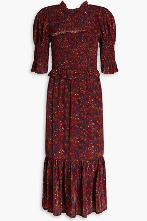 SEA Ilana shirred printed crepe de chine midi dress - Purple - XS