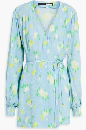 ROTATE Pleated printed jacquard mini wrap dress - Blue - DE 32