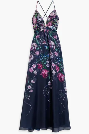 Marchesa Notte Embroidered tulle and charmeuse gown - Blue - US 10