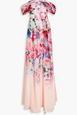Marchesa Notte Off-the-shoulder draped floral-print chiffon gown - Pink - US 4