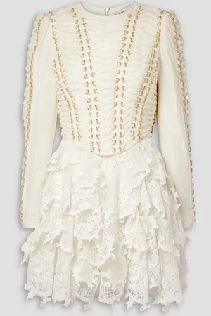 ZIMMERMANN Ruffled lace-paneled embellished linen and silk-blend mini dress - White - 0