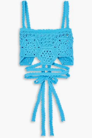 Alanui Blooming Flowers cropped lace-up crocheted cotton top - Blue - XS/S