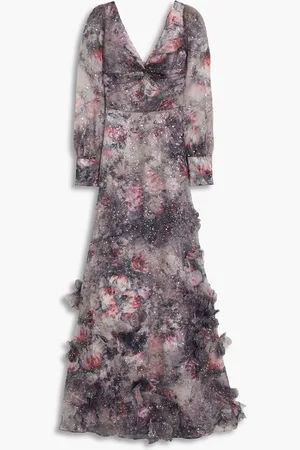 Marchesa Notte Twisted floral-appliquéd printed organza gown - Purple - US 2