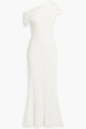 Badgley Mischka One-shoulder draped sequined tulle gown - White - US 10
