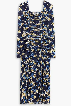 Diane von Furstenberg Amelie ruched floral-print stretch-mesh midi dress - Blue - L