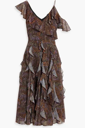 MIKAEL AGHAL Ruffled metallic printed crepe de chine midi dress - - US 4