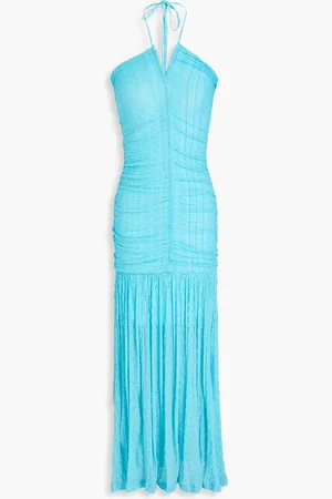 Ganni Ruched textured-knit halterneck maxi dress - Blue - DE 44