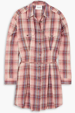 Marant Etoile Liliane belted checked cotton and linen-blend mini shirt dress - Orange - FR 44