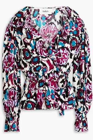 Bash Ruffled printed jacquard wrap top - Purple - 0