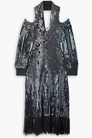 MONSE Fringed sequined merino wool halterneck midi dress - Gray - XS