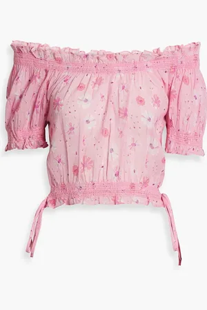 LOVESHACKFANCY Rosalinda off-the-shoulder cropped floral-print cotton-gauze top - - S