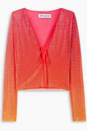 Self-Portrait Cropped crystal-embellished dégradé stretch-mesh top - Orange - UK 6