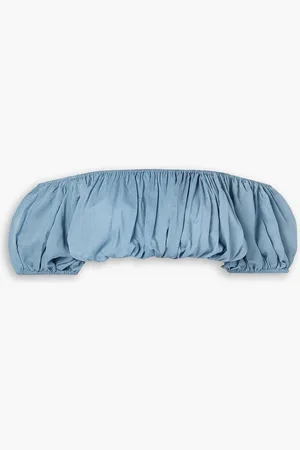 Evarae Gretta off-the-shoulder cropped Swiss-dot TENCEL™ Lyocell top - Blue - L
