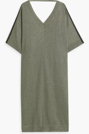 Brunello Cucinelli Embellished linen and silk-blend midi dress - Green - XXL