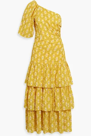 VERONICA BEARD Virginia one-sleeve floral-print cotton and silk-blend jacquard midi dress - Yellow - US 0