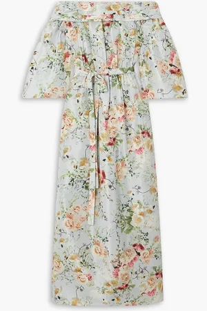 ADAM LIPPES Bardot off-the-shoulder belted floral-print silk maxi dress - Blue - XS