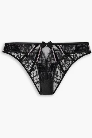Agent Provocateur Caitriona crystal-embellished satin-trimmed cutout lace briefs - - 2