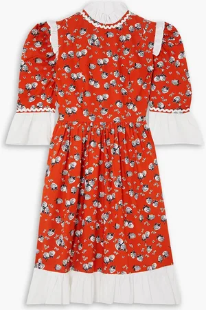 BATSHEVA Ruffled printed cotton-poplin mini dress - Orange - US 8