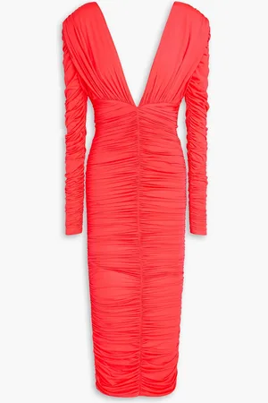 ALEX PERRY Ruched neon stretch-jersey midi dress - Orange - UK 4