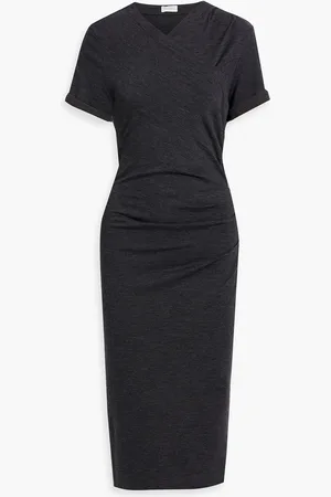 Brunello Cucinelli Wrap-effect bead-embellished stretch-wool jersey midi dress - Gray - M