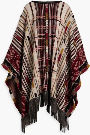 Etro Fringed jacquard-knit wool-blend poncho - Burgundy - S