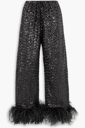 Oseree Feather-trimmed sequined satin straight-leg pants - - M