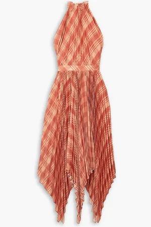 Altuzarra Dahlia asymmetric checked plissé crepe de chine halterneck midi dress - Orange - FR 42