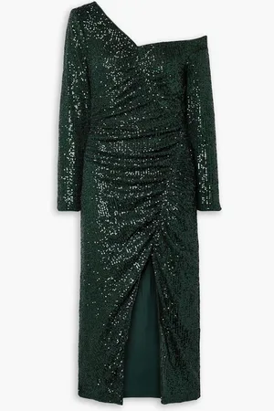 Self-Portrait One-shoulder ruched sequined stretch-tulle midi dress - Green - UK 6