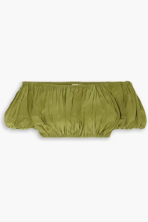 Evarae Gretta off-the-shoulder cropped silk crepe de chine top - Green - XL