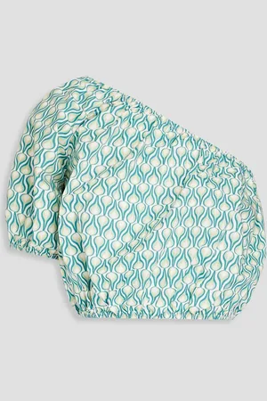 ONIA One-shoulder cropped printed cotton-poplin top - Blue - XL