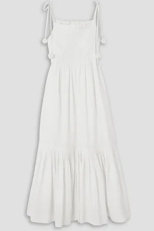 SEA Willa smocked pleated cotton-poplin midi dress - White - L