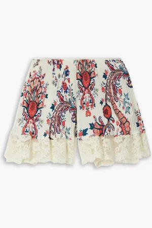 Paco rabanne Lace-trimmed floral-print plissé-crepe de chine shorts - White - FR 34