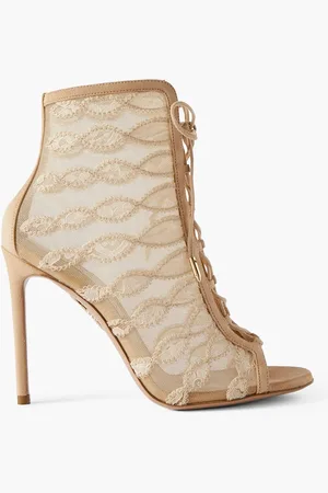 Aquazzura After Dark Bootie 105 suede and lace-trimmed mesh ankle boots - Neutral - EU 39